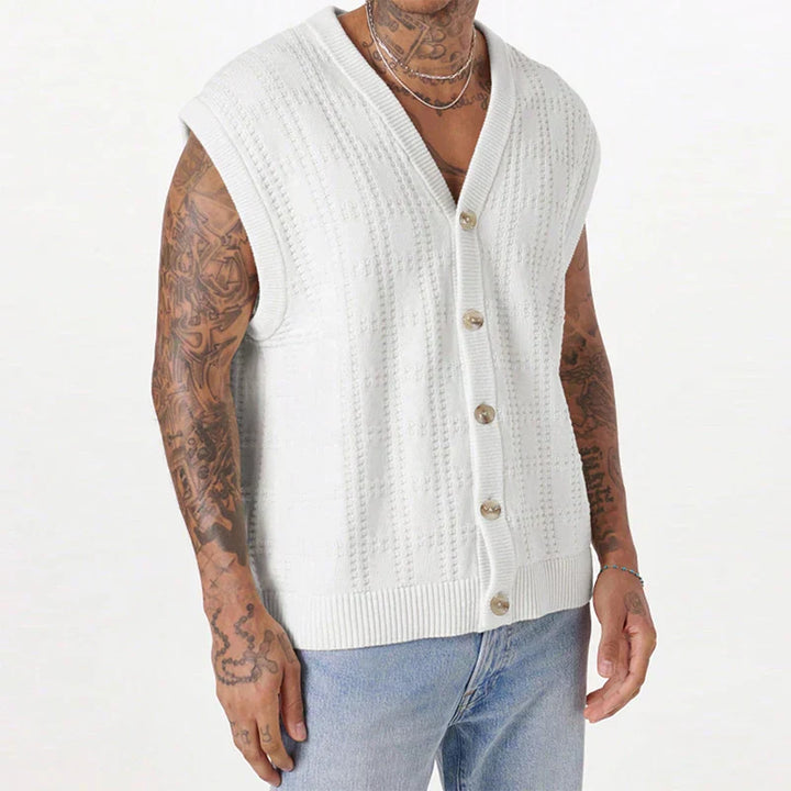 Men's lightweight knitted vest with button front. Sleeveless summer layer for casual or smart casual outfits.