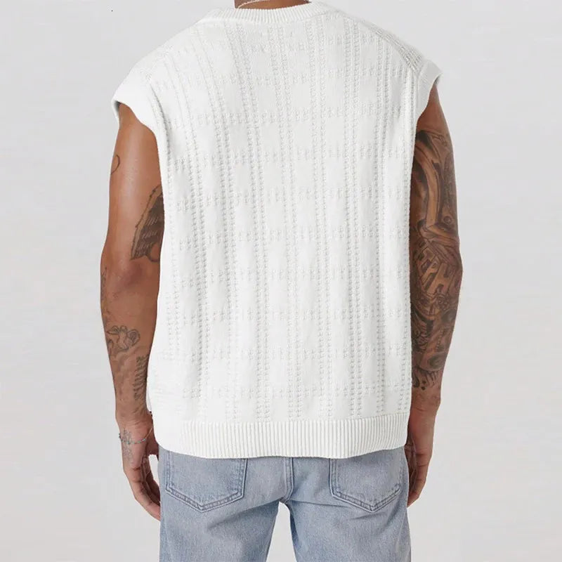 Textured knit men's button front vest. Sleeveless and lightweight, ideal for a stylish summer layer.