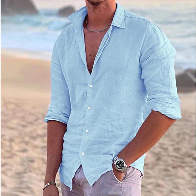 Everyday men's long sleeve shirt, comfortable & stylish for warm weather casual wear & spring fashion.