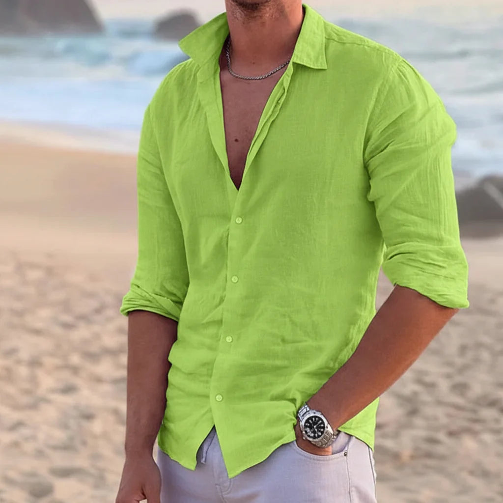Detailed view of men's lightweight long sleeve shirt, showing fabric texture and button details for warm weather.