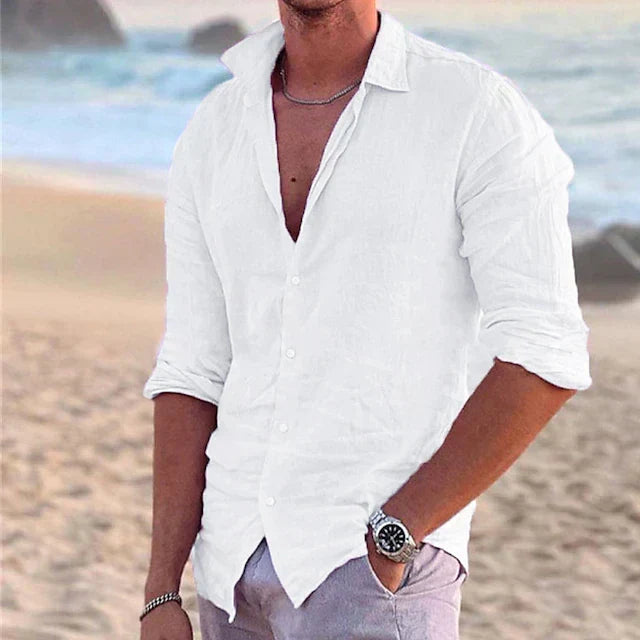 Lightweight men's long sleeve travel shirt, breathable & comfortable for warm weather adventures.