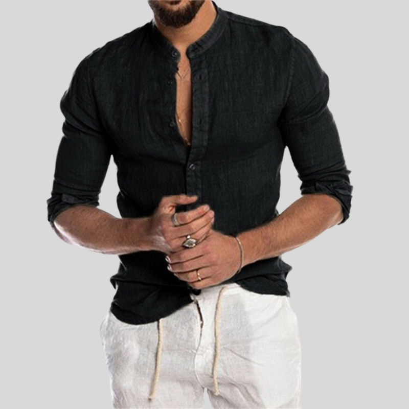 Men's lightweight long sleeve casual shirt with band collar, relaxed fit, perfect for versatile summer everyday style.