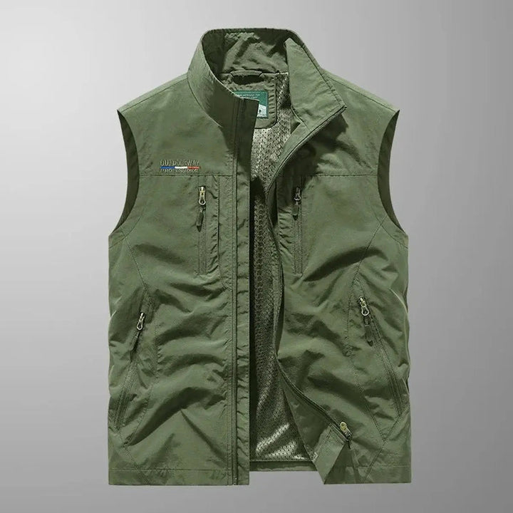 Versatile men's travel vest, lightweight and water-resistant, ideal for hiking, fishing, and outdoor adventure.