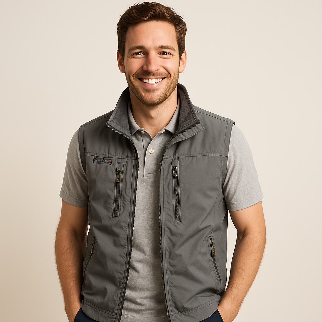Men's lightweight outdoor summer vest jacket with many pockets. Ideal for travel, fishing & casual wear.