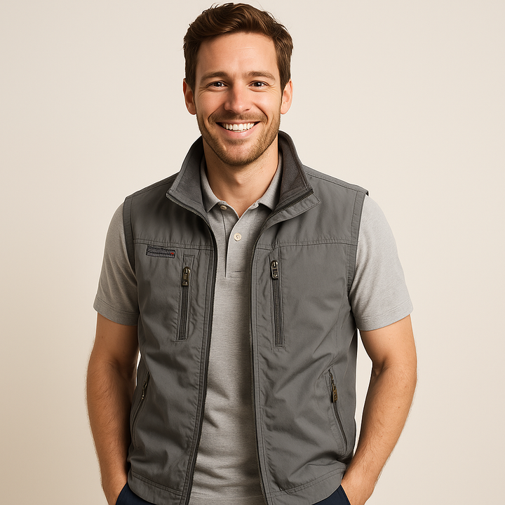 Men's lightweight outdoor summer vest jacket with many pockets. Ideal for travel, fishing & casual wear.
