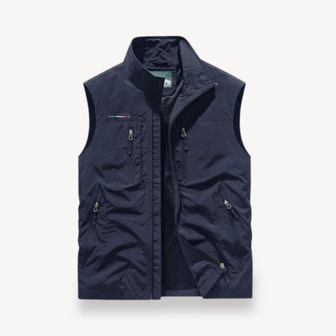 Travel-friendly men's multi-pocket vest for summer outdoor adventures. Lightweight sleeveless jacket for men.