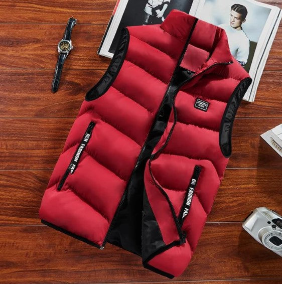 Sleeveless quilted puffer vest for men, ideal for outdoor activities.
