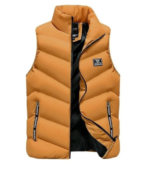 Front view of a men's puffer vest jacket, offering warmth without bulk.
