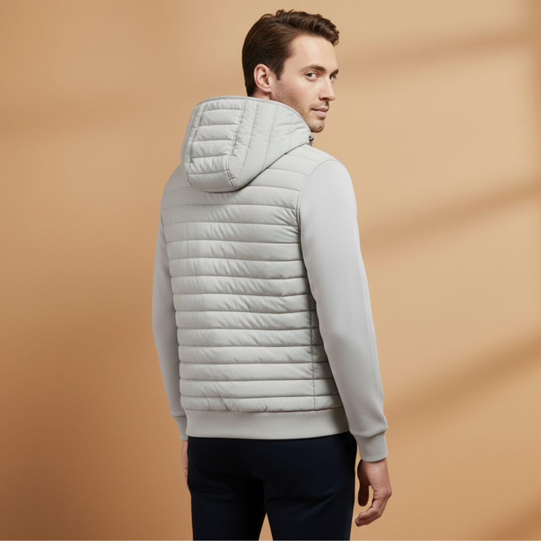 Full view of a men's lightweight quilted jacket, highlighting the practical stand collar and smooth full zip.