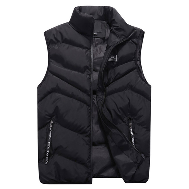 Stylish men's quilted puffer vest, perfect as a lightweight layering piece for fall fashion. Warm outerwear with a casual look.
