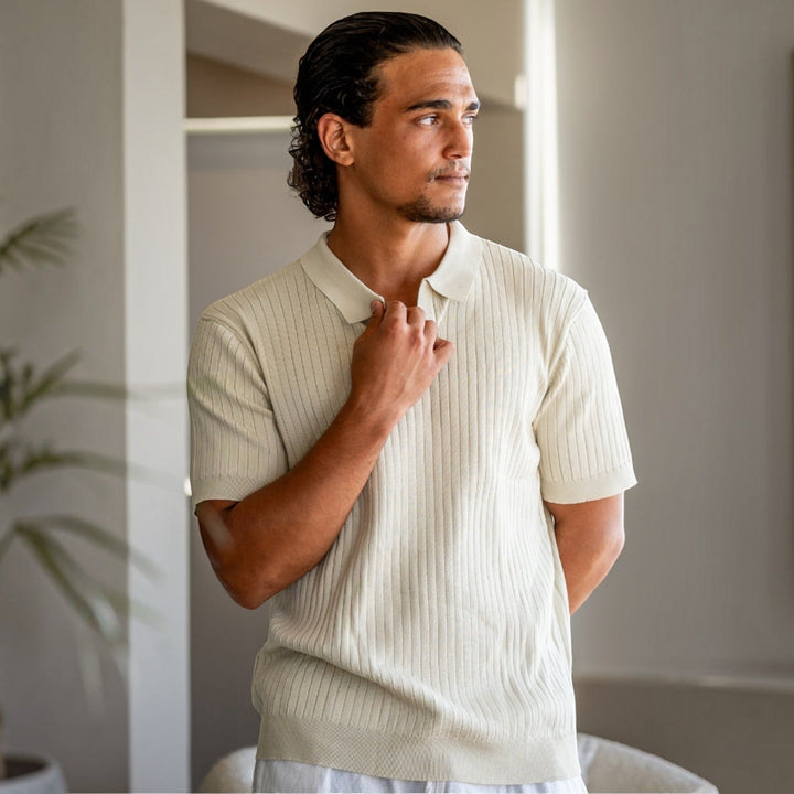 Stylish lightweight ribbed polo for men, ideal for sophisticated summer casual.