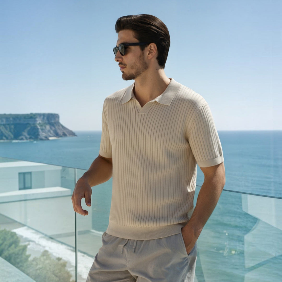 Sophisticated men's summer shirt, a classic ribbed short sleeve polo.