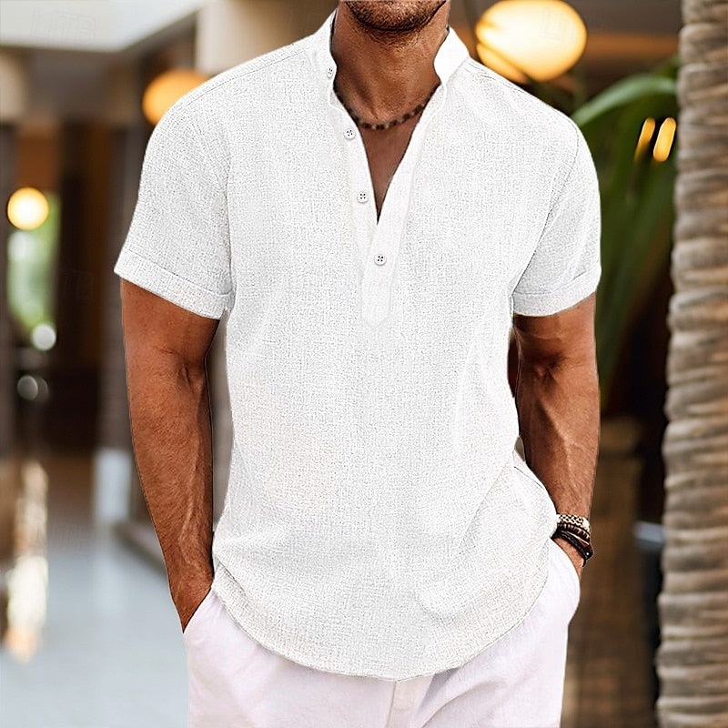 Model wearing a stylish men's short sleeve versatile casual shirt