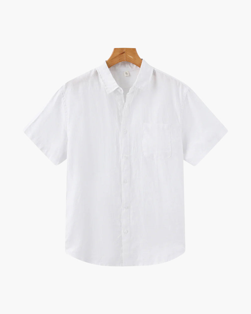 Man wearing a lightweight short sleeve summer shirt, perfect for beach trips & casual everyday style.