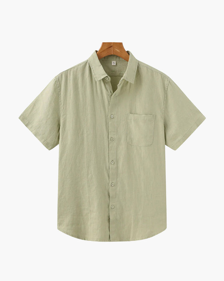 Close-up of men's regular fit short sleeve shirt with a practical chest pocket for summer comfort.