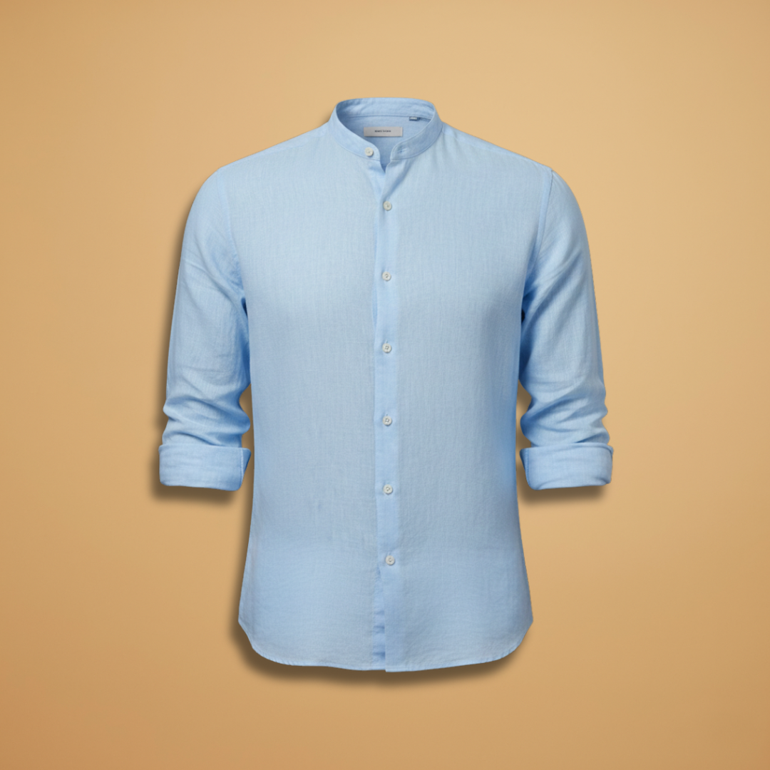 Men's lightweight short sleeve summer shirt with stylish stand-up collar.