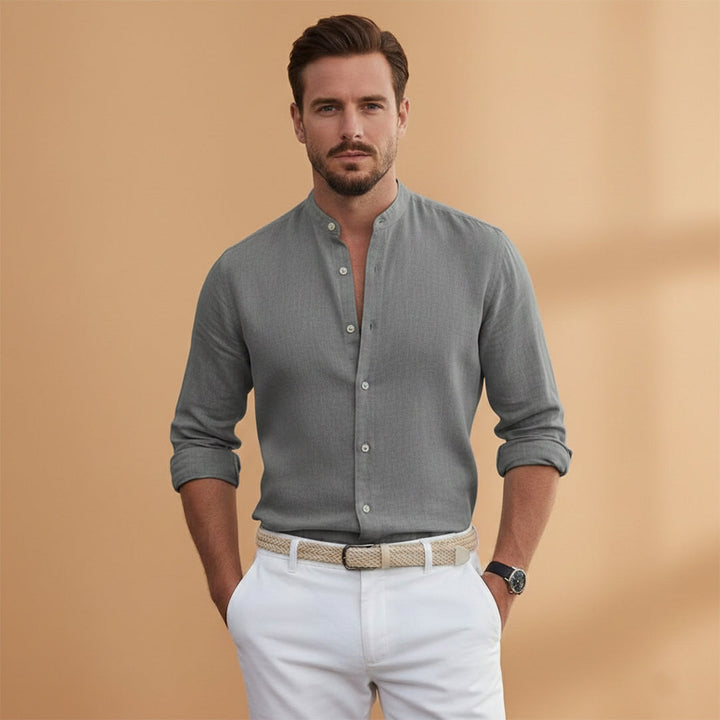 Stand collar mens shirt, designed for comfort and a trendy summer style.