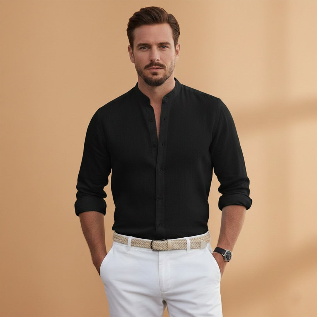 Short sleeve button-up shirt for men with a fashionable stand-up collar.