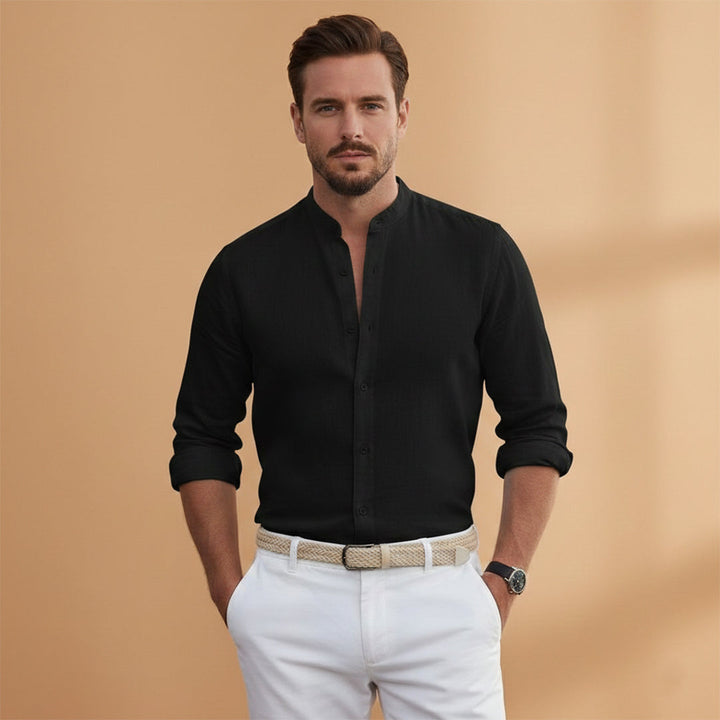Short sleeve button-up shirt for men with a fashionable stand-up collar.