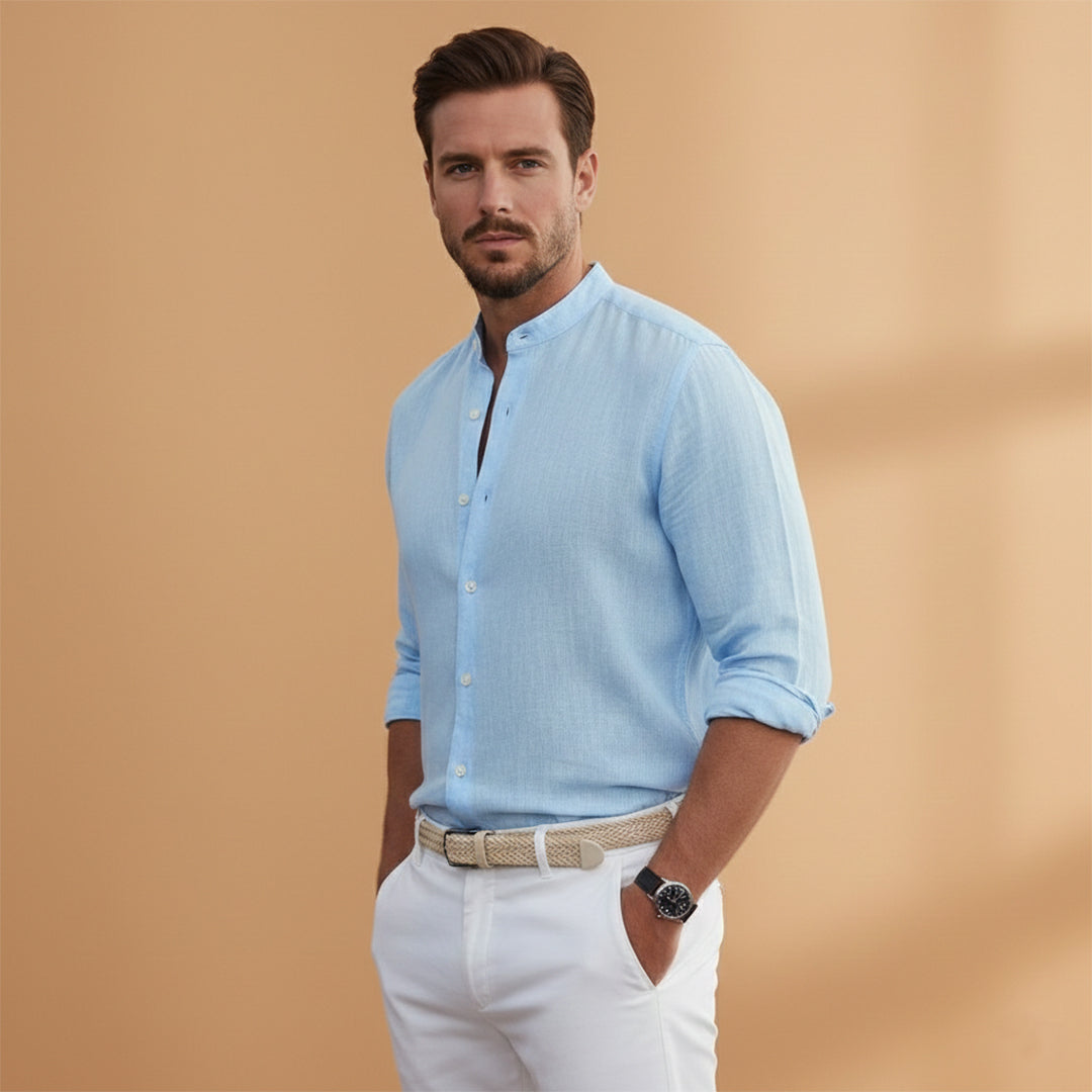 Short sleeve summer shirt for men, designed with a modern stand-up collar.