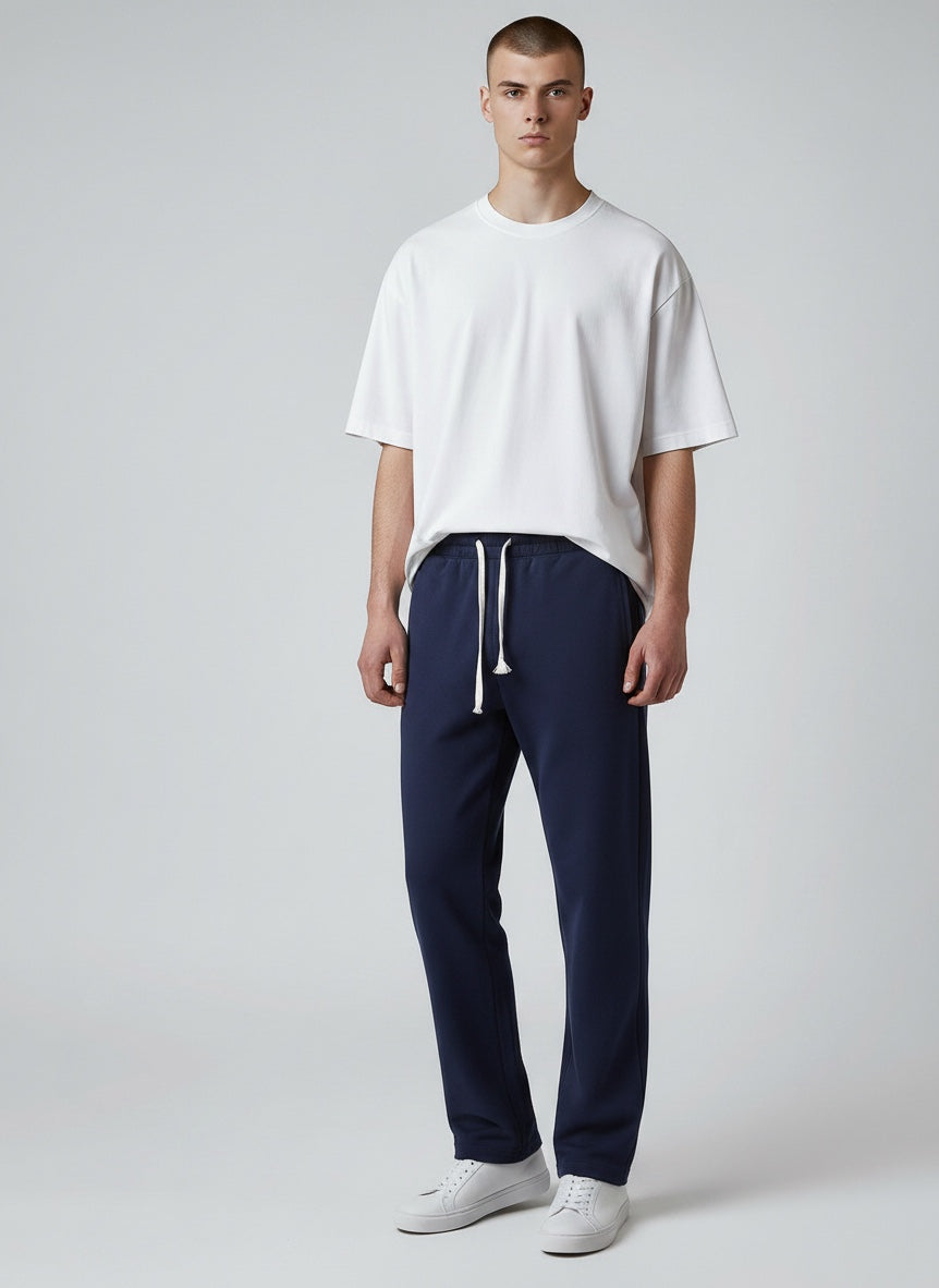 Man wearing casual straight leg lightweight pants, perfect for spring/fall everyday fashion & comfort.