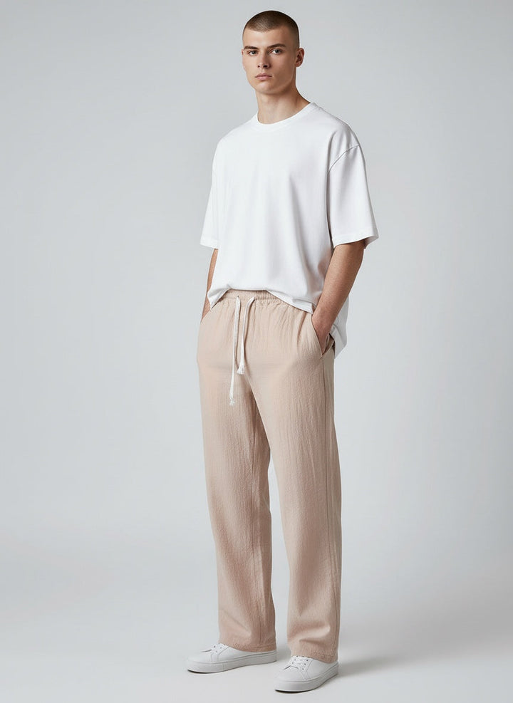 Full side view of men's straight leg casual trousers, relaxed fit lightweight pants for everyday wear.