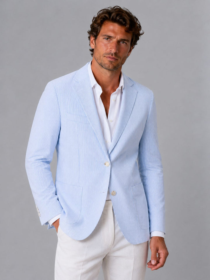 Men's lightweight striped blazer, perfect for smart casual spring & summer fashion.