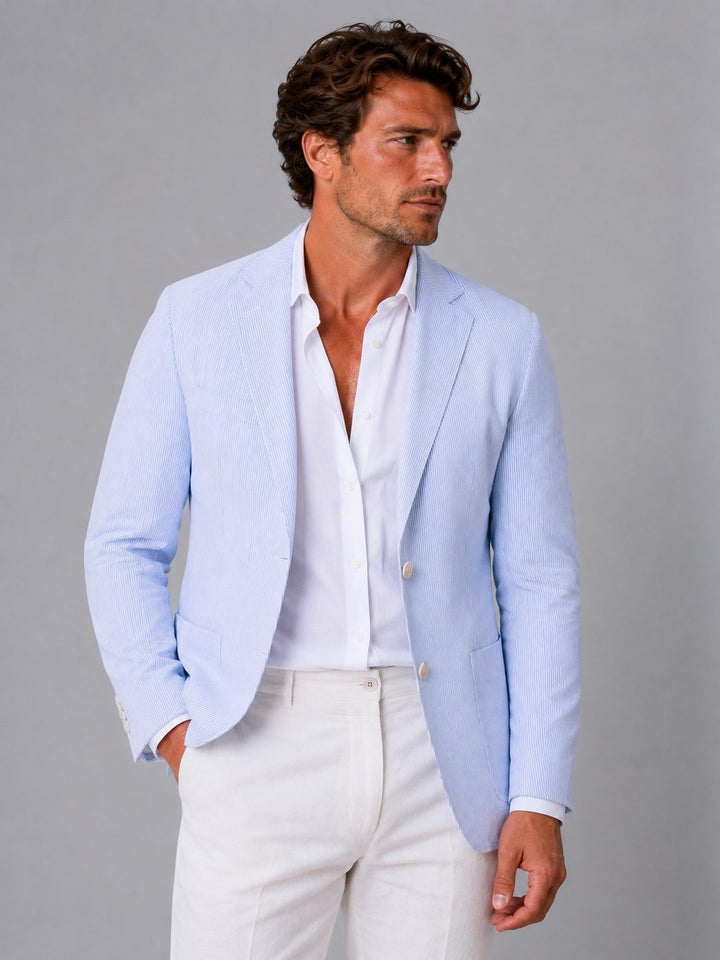 Versatile men's striped jacket, lightweight & smart casual for office or everyday summer style.