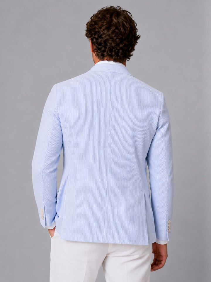 Relaxed fit men's striped blazer, lightweight outerwear ideal for spring/summer smart casual looks.