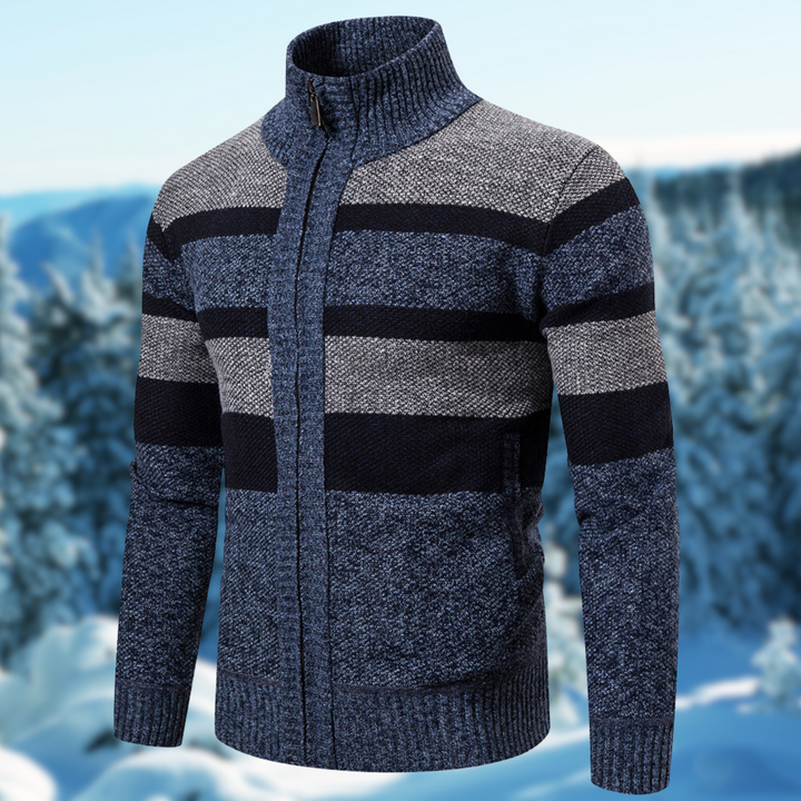 Men's lightweight striped knit sweater in navy and grey for casual everyday wear.