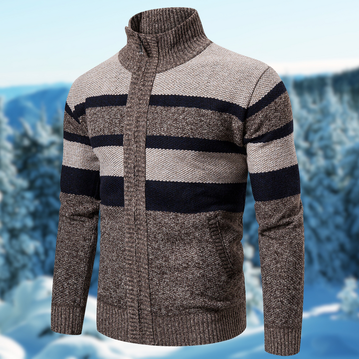 Stylish men's fashion: Close-up of a soft knit striped sweater, perfect for fall.