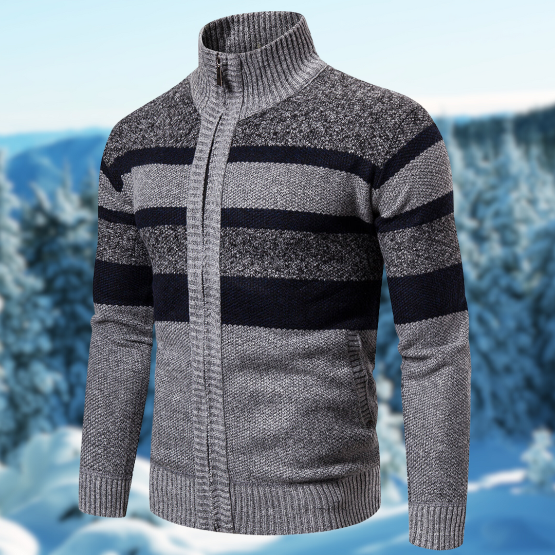 A model wearing a versatile men's lightweight striped knit sweater, showcasing casual fashion.