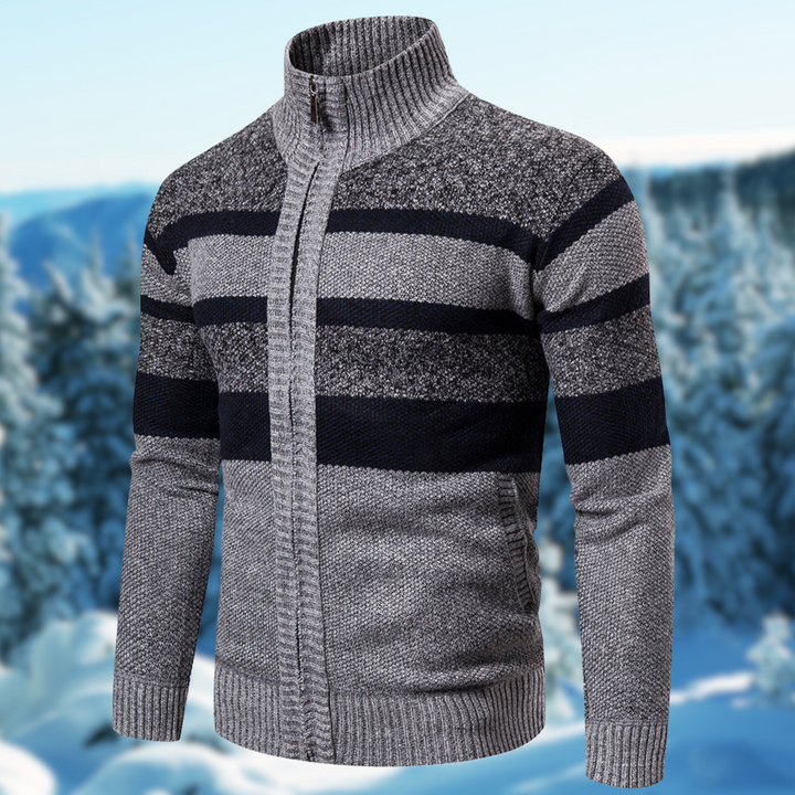 A model wearing a versatile men's lightweight striped knit sweater, showcasing casual fashion.