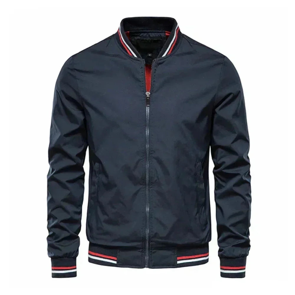 Stylish men's zip-up bomber jacket, lightweight and perfect for summer. Casual fashion outerwear.
