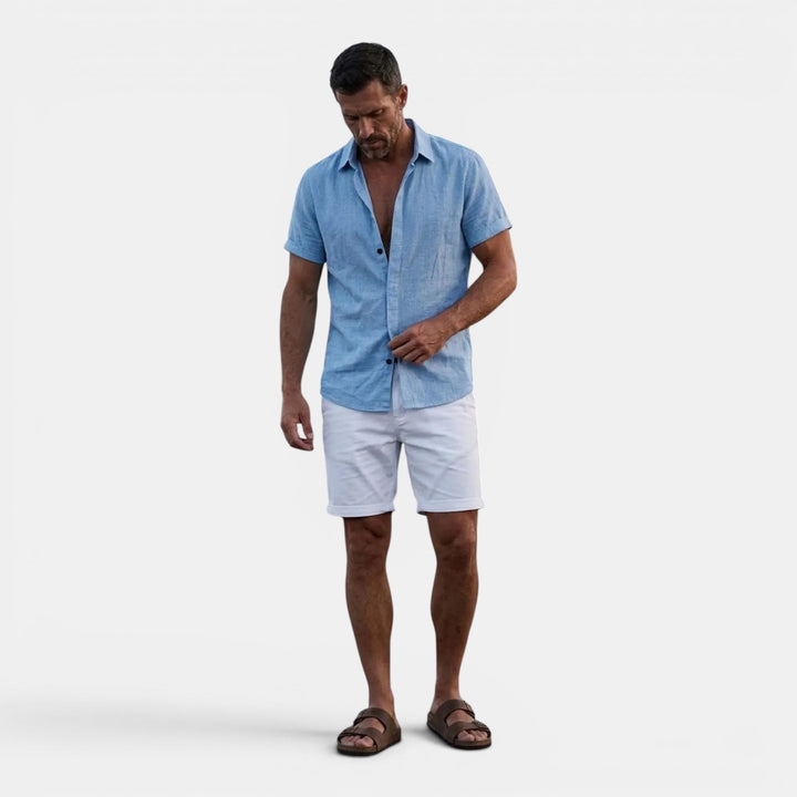 Relaxed fit men's summer shirt, lightweight short sleeve, button-up. Comfortable casual top for daily wear.
