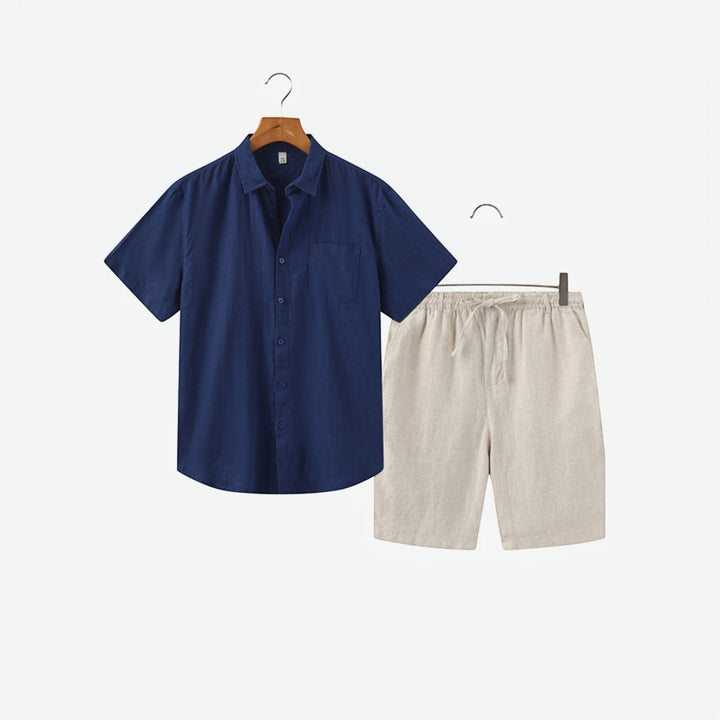 Casual men's two-piece summer outfit: lightweight shirt & matching shorts for warm weather style.