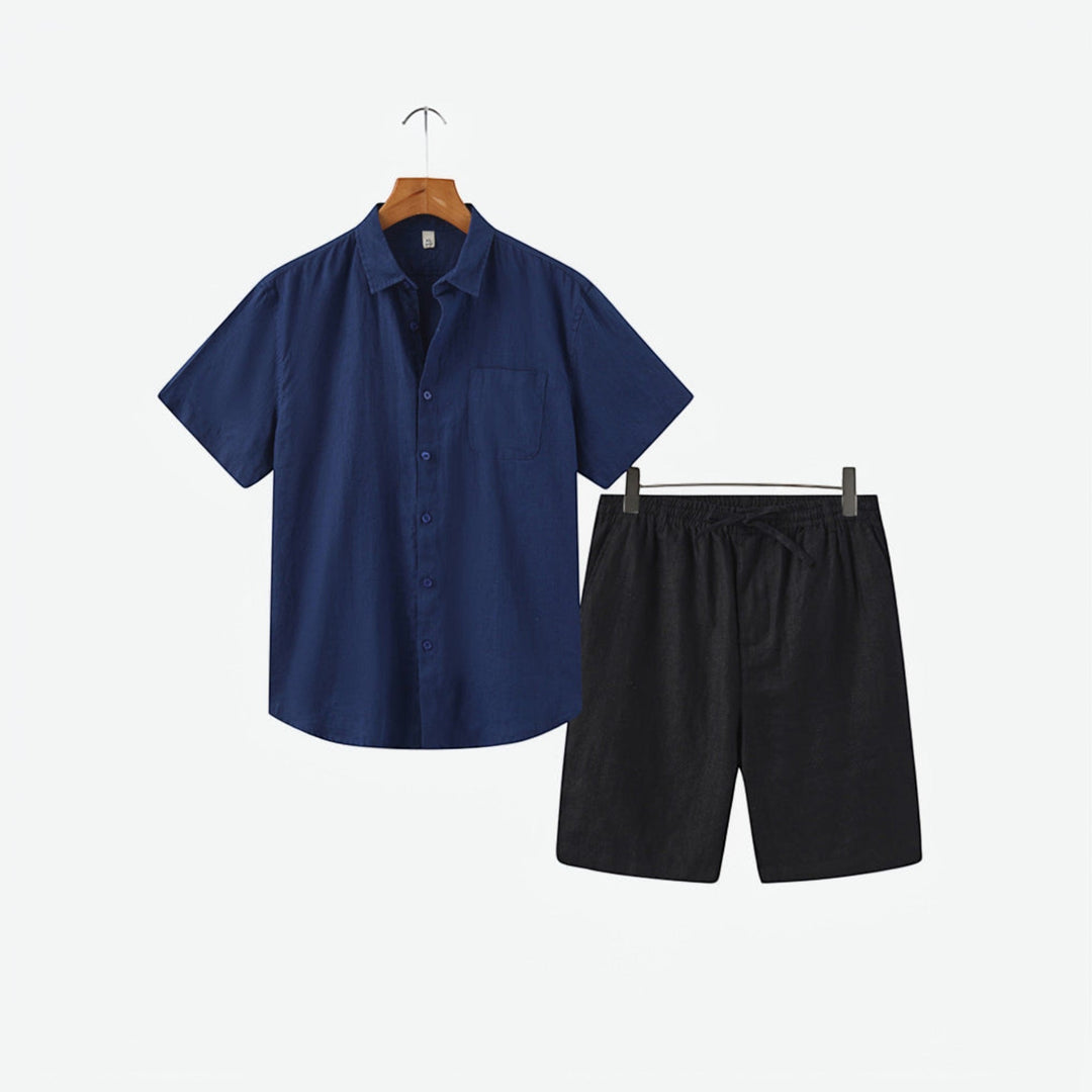 Relaxed fit men's summer matching set, a lightweight shirt & shorts for vacation & beachwear.