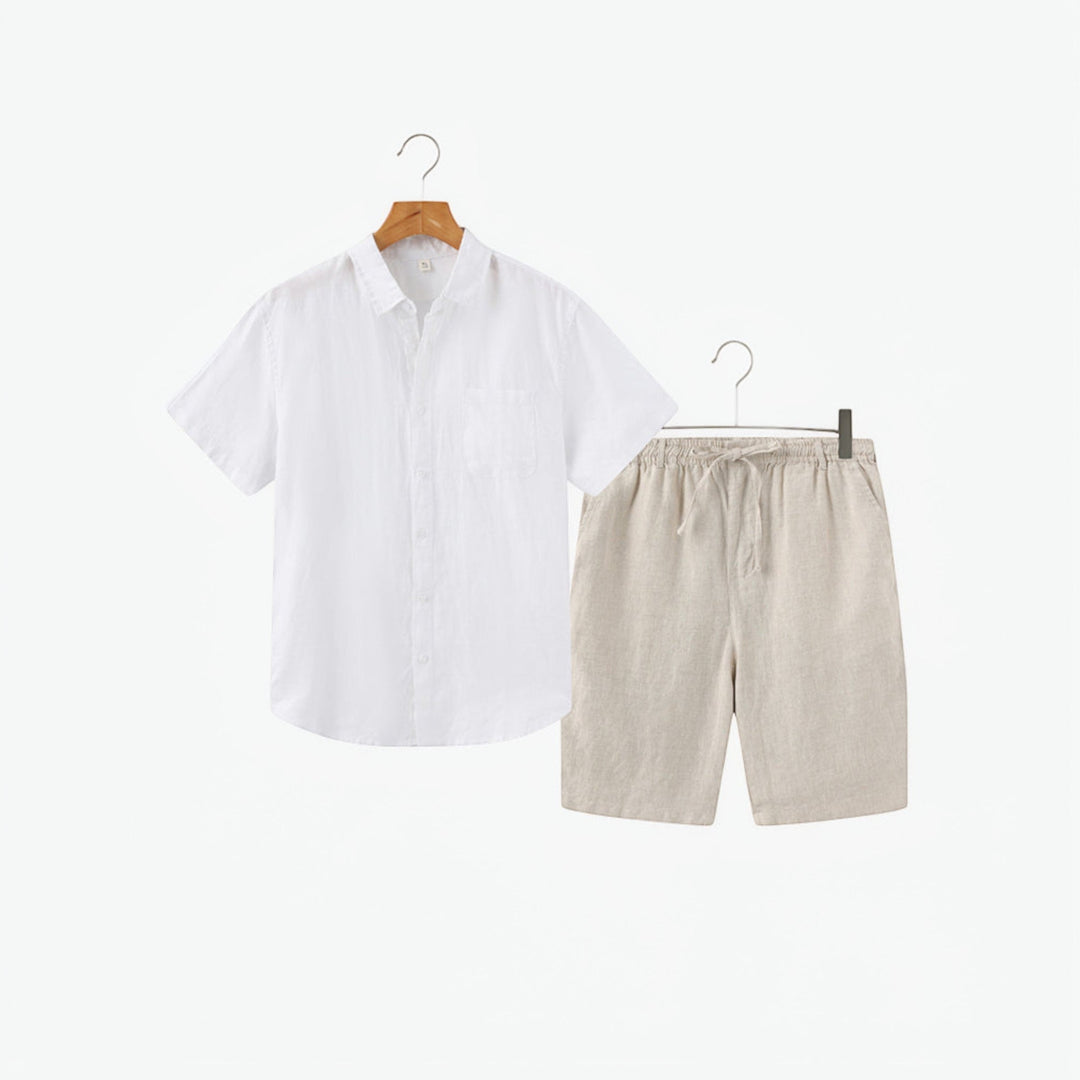 Men's lightweight matching shirt & shorts set, ideal summer outfit for casual or beach days.