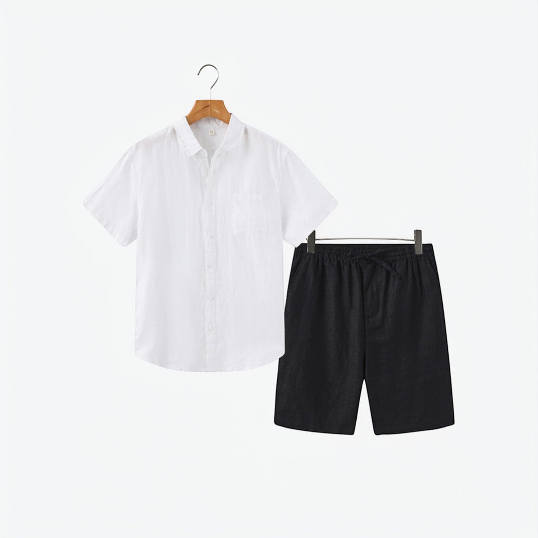 Stylish men's two-piece summer apparel: lightweight shirt & shorts for warm-weather fashion.