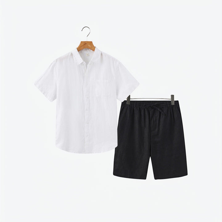 Stylish men's two-piece summer apparel: lightweight shirt & shorts for warm-weather fashion.