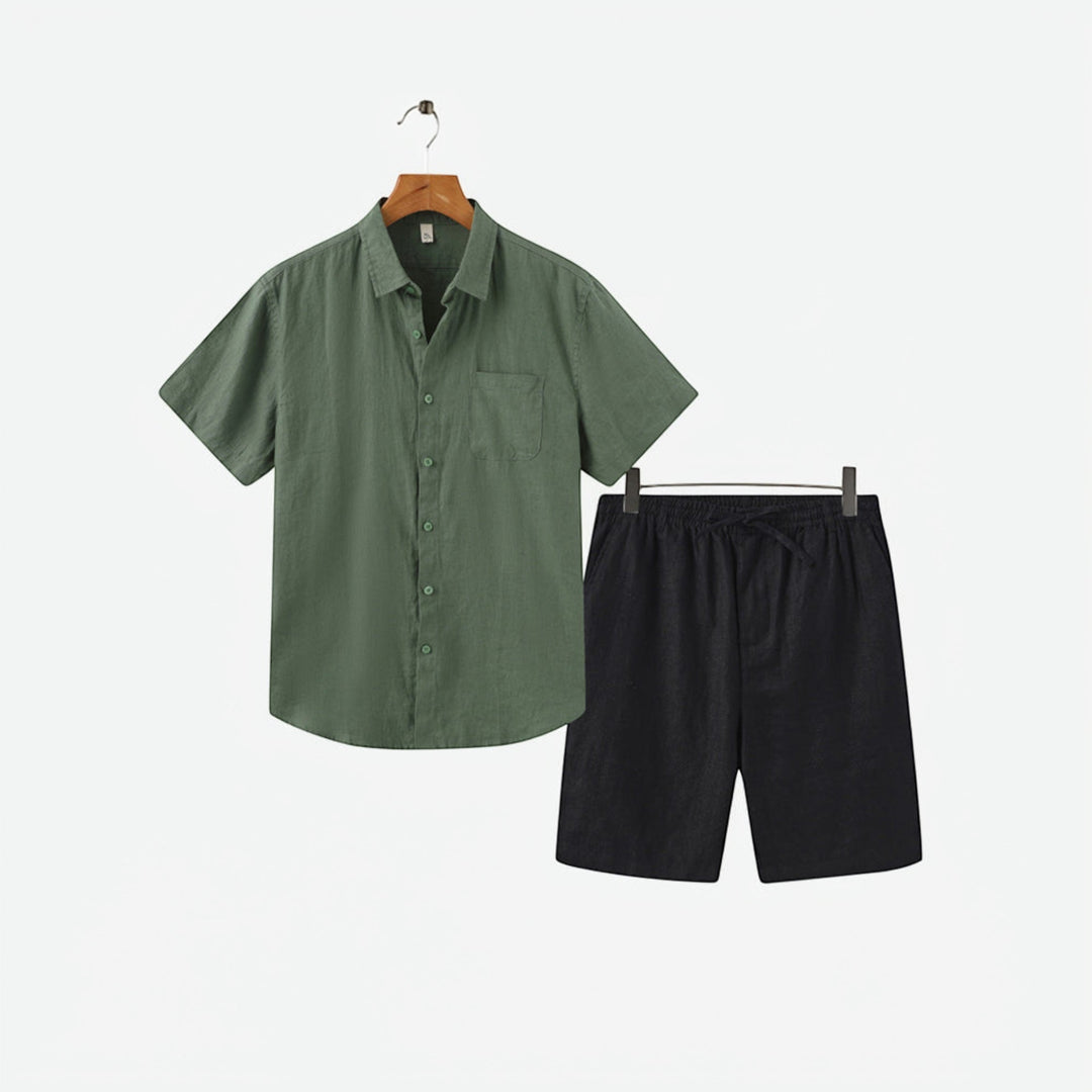 Casual men's lightweight shirt & shorts set, a comfortable two-piece for summer and warm weather.