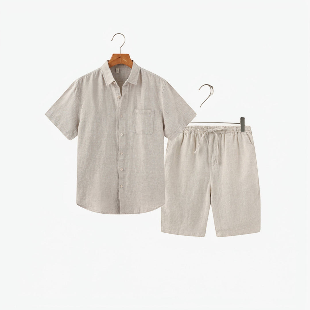 Men's fashion: lightweight summer matching set including a relaxed fit shirt & shorts for vacation.