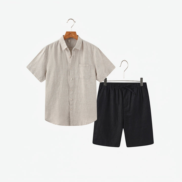 Modern men's summer outfit: lightweight shirt and matching shorts, great for casual and beach wear.