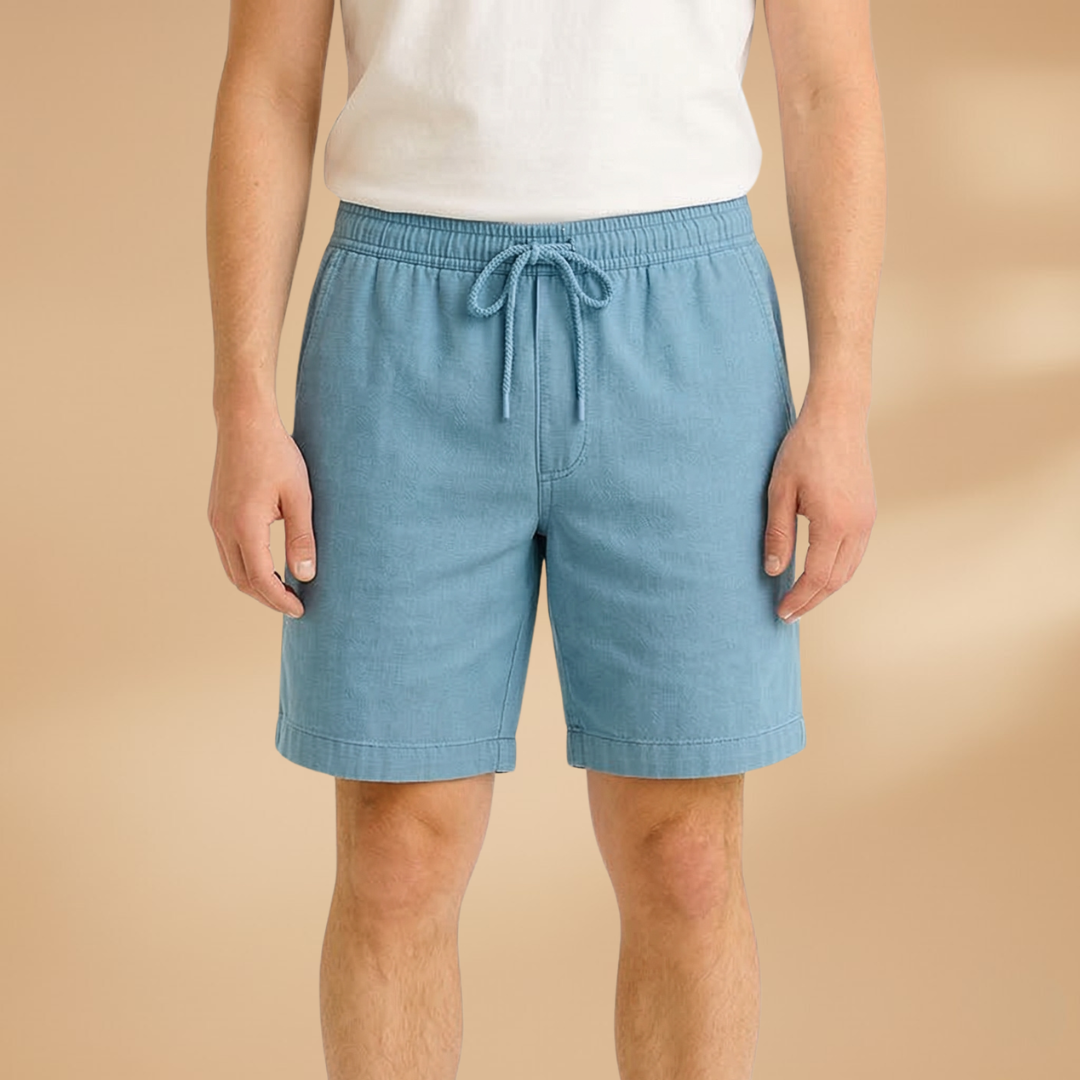 Comfortable men's relaxed fit summer shorts with pockets and adjustable drawstring.