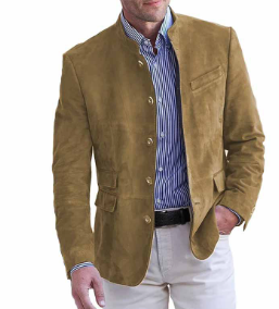 Versatile menswear blazer, lightweight and tailored, featuring a unique mandarin collar design.