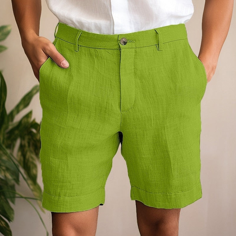 Close-up of lightweight men's chino shorts fabric, emphasizing comfortable texture & durable summer style.