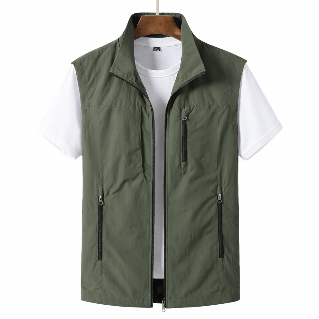 Men's lightweight utility gilet vest in gray, perfect for versatile layering and casual outdoor style.