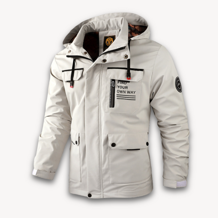 Waterproof men's summer jacket with an adjustable hood, perfect for outdoor activities & unexpected rain.