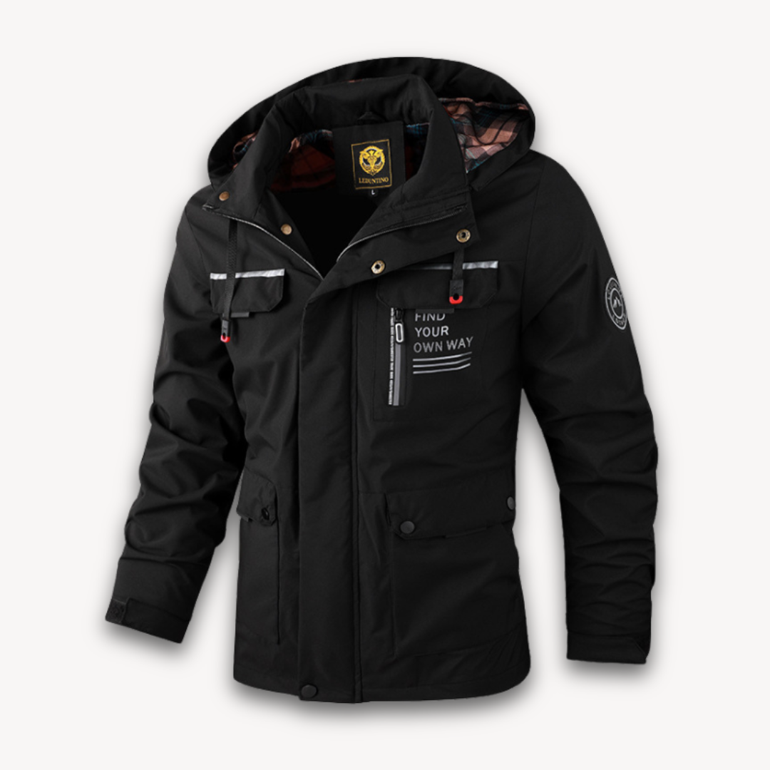 Durable men's rain jacket, a waterproof & windbreaker hooded jacket built for summer outdoor adventures.