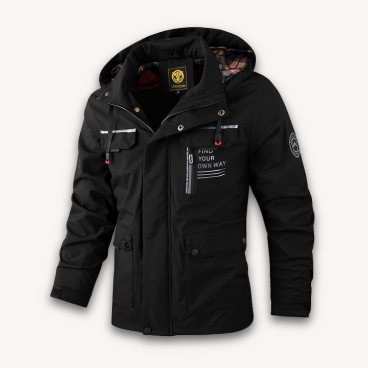 Durable men's rain jacket, a waterproof & windbreaker hooded jacket built for summer outdoor adventures.